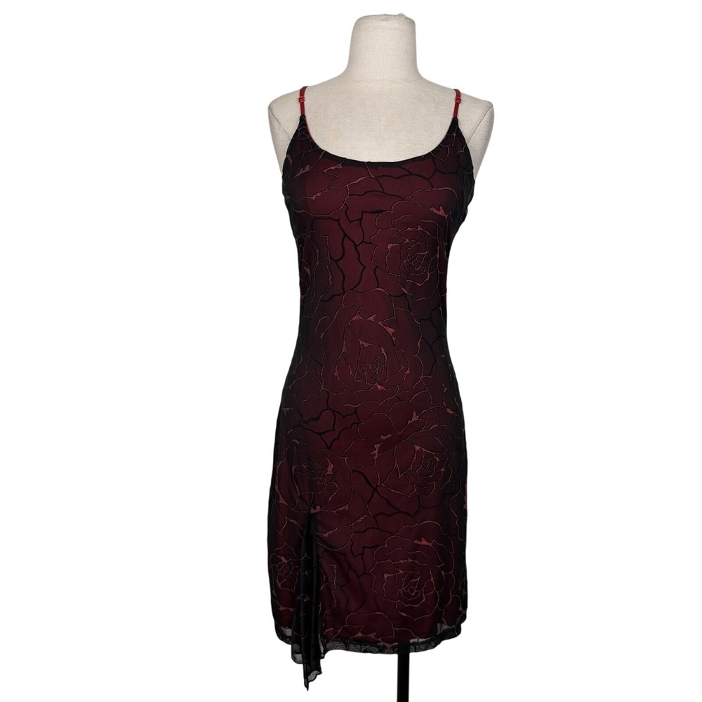 Vtg 90s Red Black Mesh Velvet Glitter Slip Dress Sz XS Fairy Grunge Whimsygoth